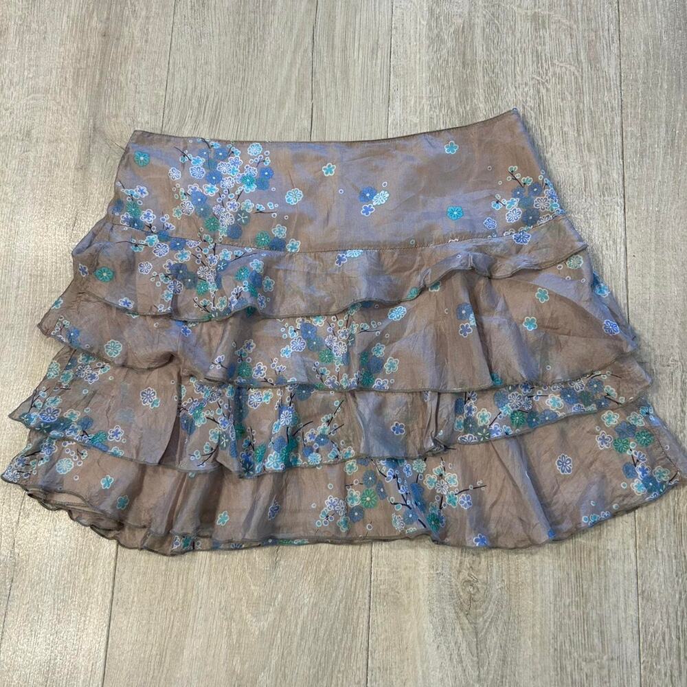 Euro Promod grey and blue ruffle mini skirt.